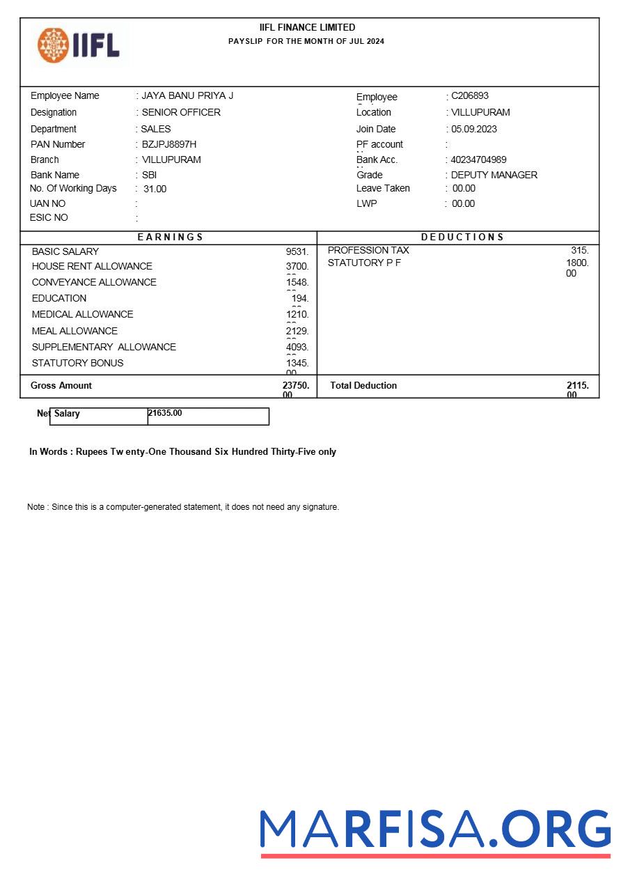 Printable Iifl Finance payslip download for verification